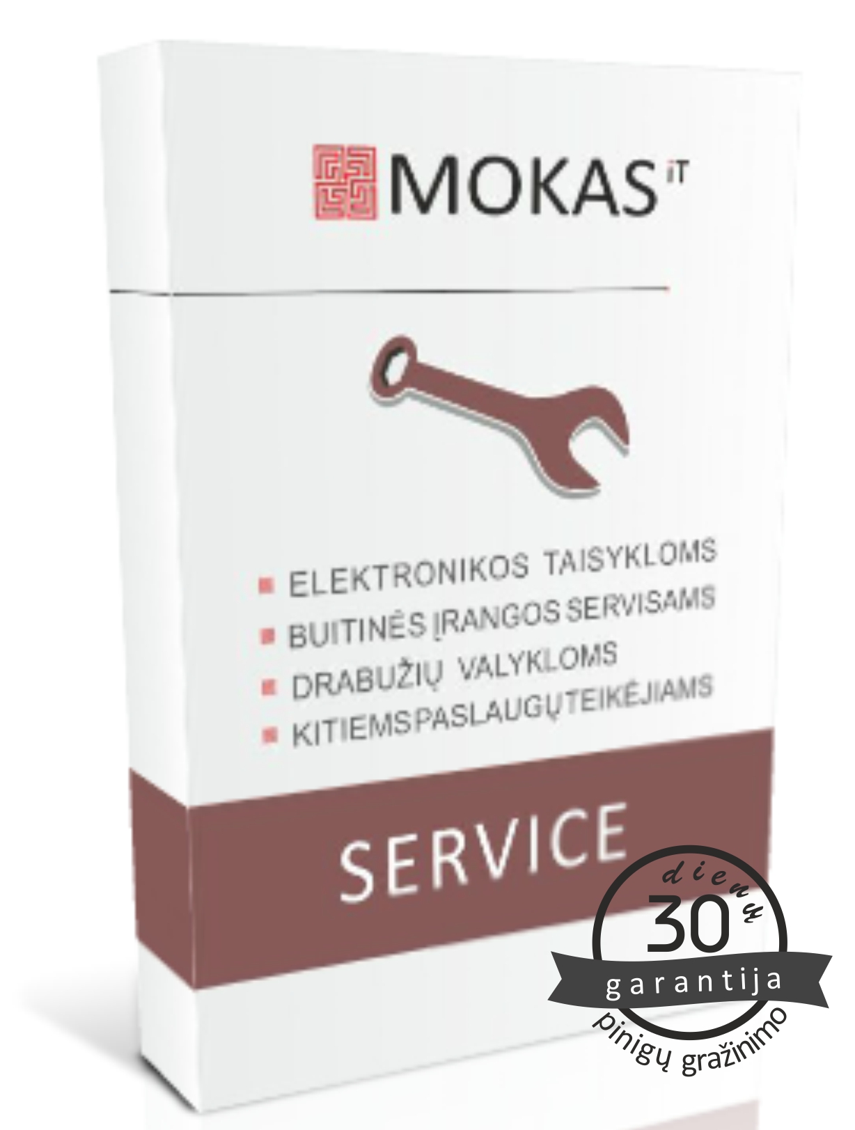 Mokas service paketas, raktas, Mokas IT logotipas, paslaugų sąrašas, 30 dienų garantijos ženklas